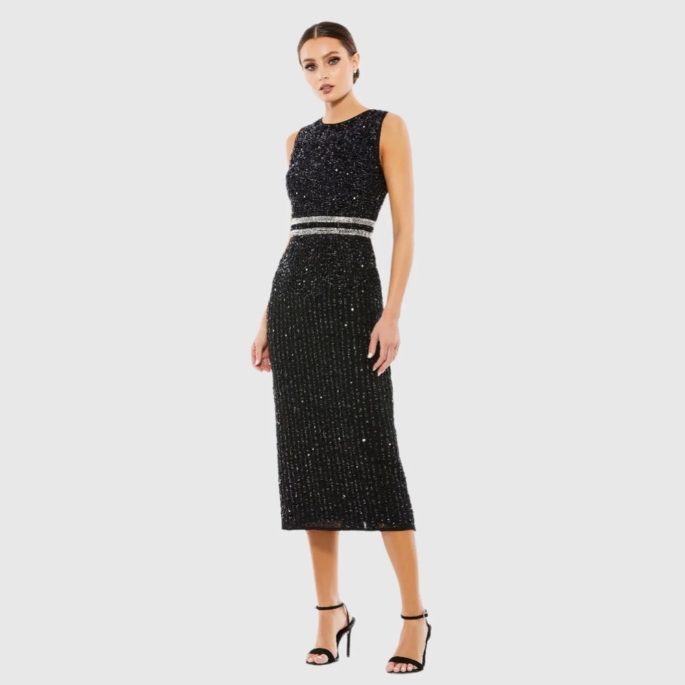 Mac Duggal Black Beaded Midi Dress with Silver Waistband